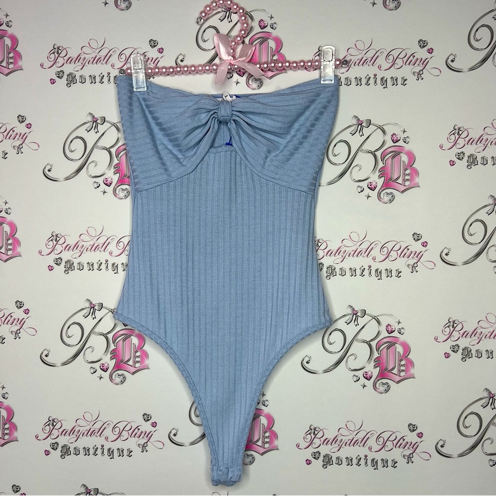 Urban heritage strapless tube top bodysuit baby blue cotton candy ribbed bow tie